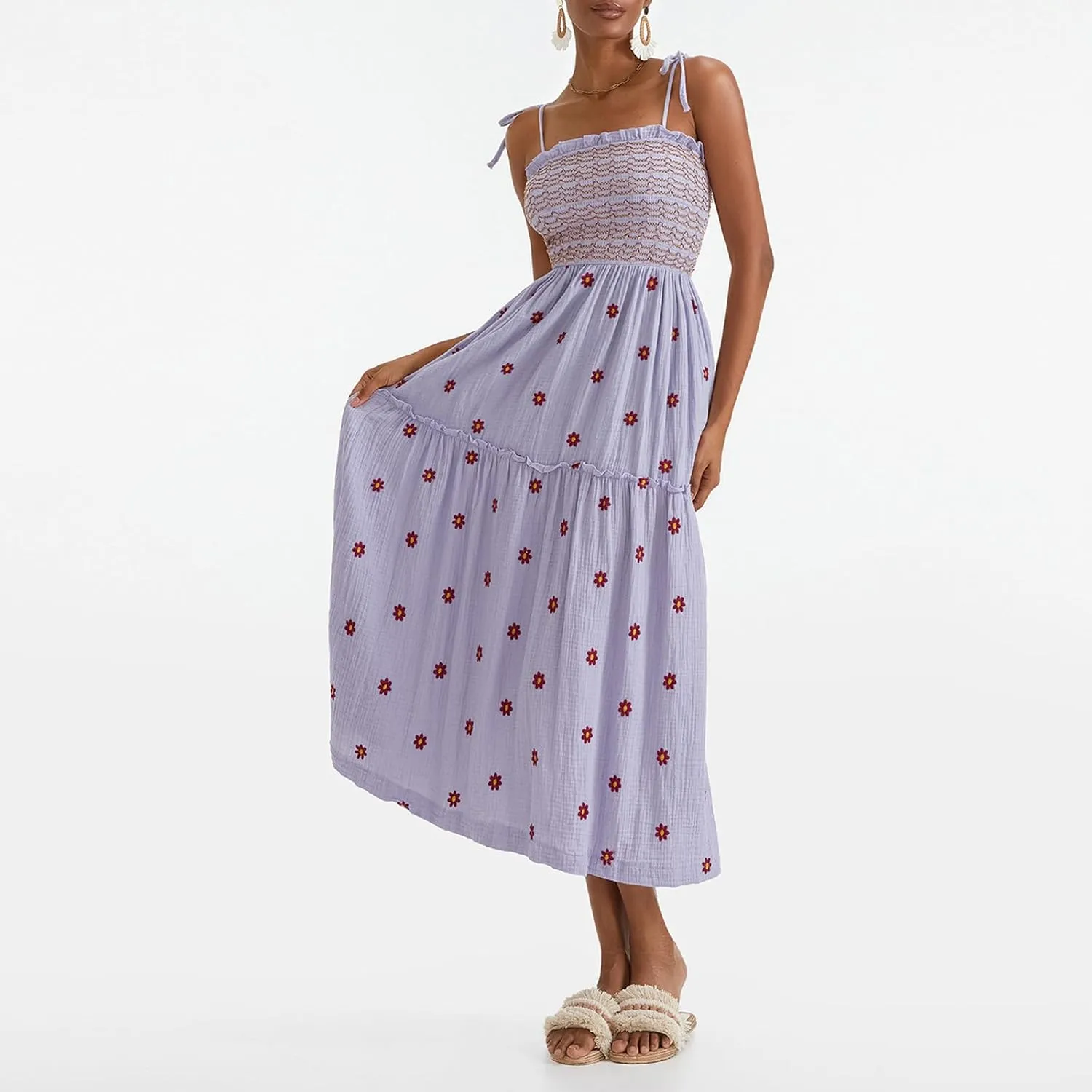 Boho Floral Embroidered Dress for Women Spaghetti Tie Strap Long Vacation Dress Casual Flowy Summer Maxi Sundresses