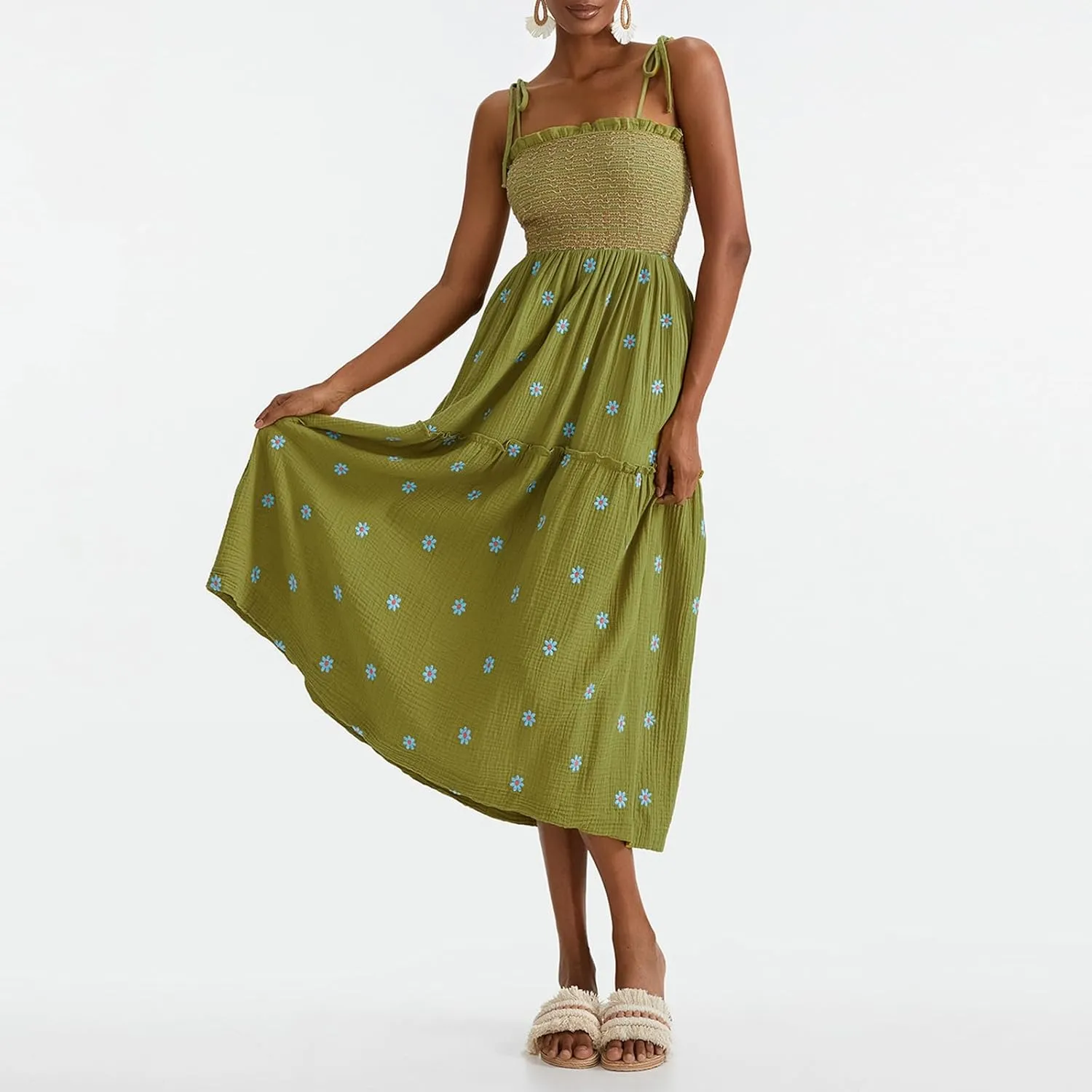 Boho Floral Embroidered Dress for Women Spaghetti Tie Strap Long Vacation Dress Casual Flowy Summer Maxi Sundresses