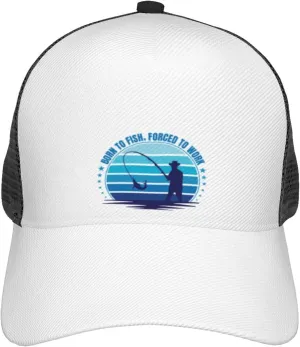 Born to Fish, Forced to Work, Fishing Adjustable Mesh Trucker Baseball Cap Breathable Mesh for Casual Wear Golf Dad Hat for Men, Women Sun Hat Trucker Hat Black