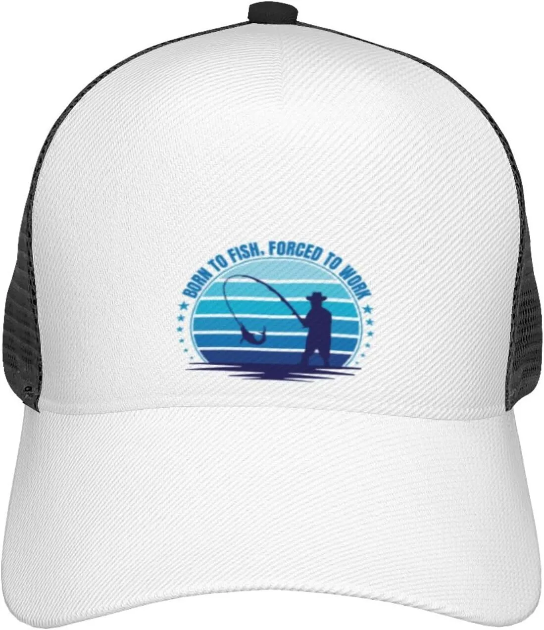 Born to Fish, Forced to Work, Fishing Adjustable Mesh Trucker Baseball Cap Breathable Mesh for Casual Wear Golf Dad Hat for Men, Women Sun Hat Trucker Hat Black
