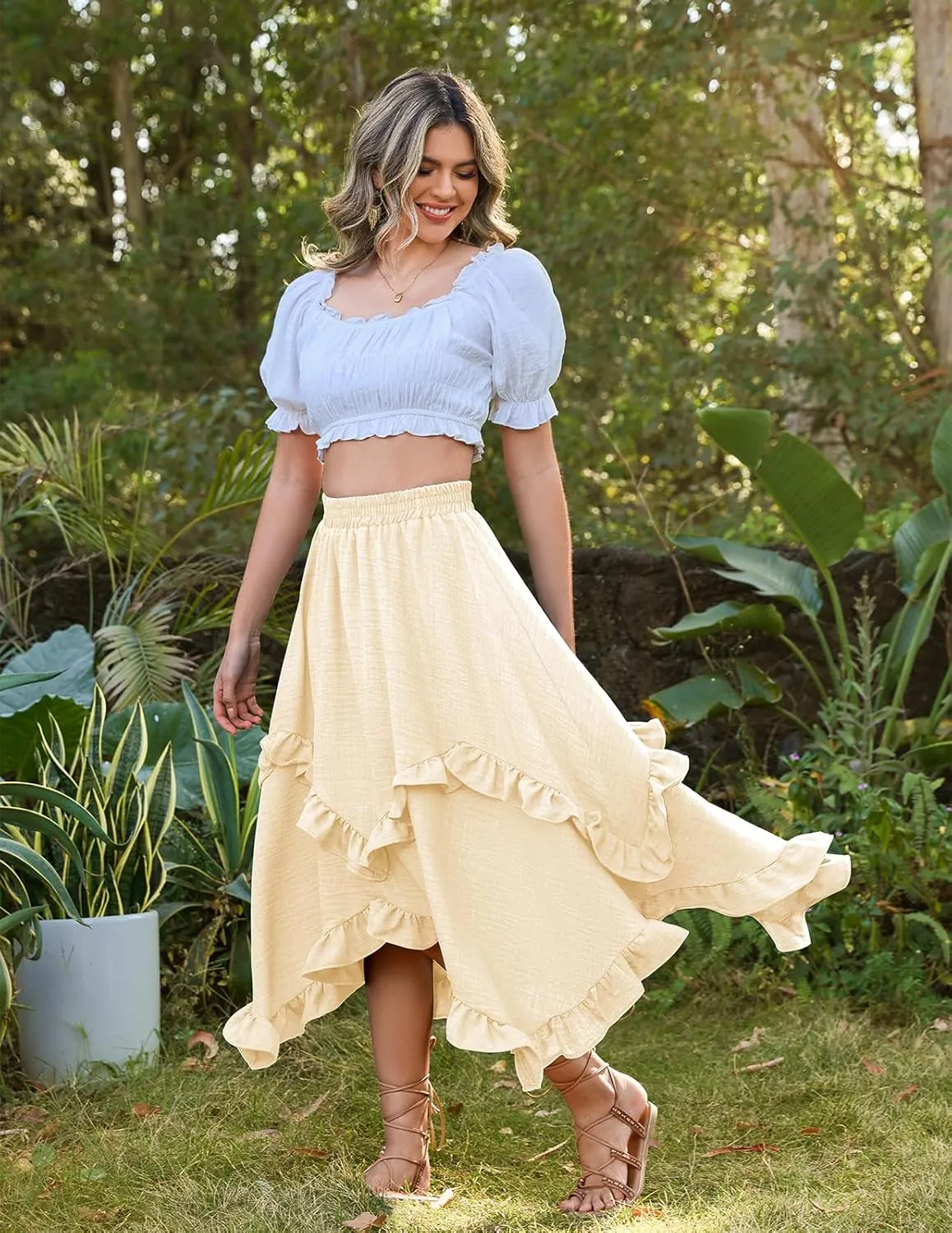 Bridesmay Renaissance Fairy Skirt 2025 Asymmetrical Ruffle Hem Elastic Waisted Long Maxi Skirts for Women