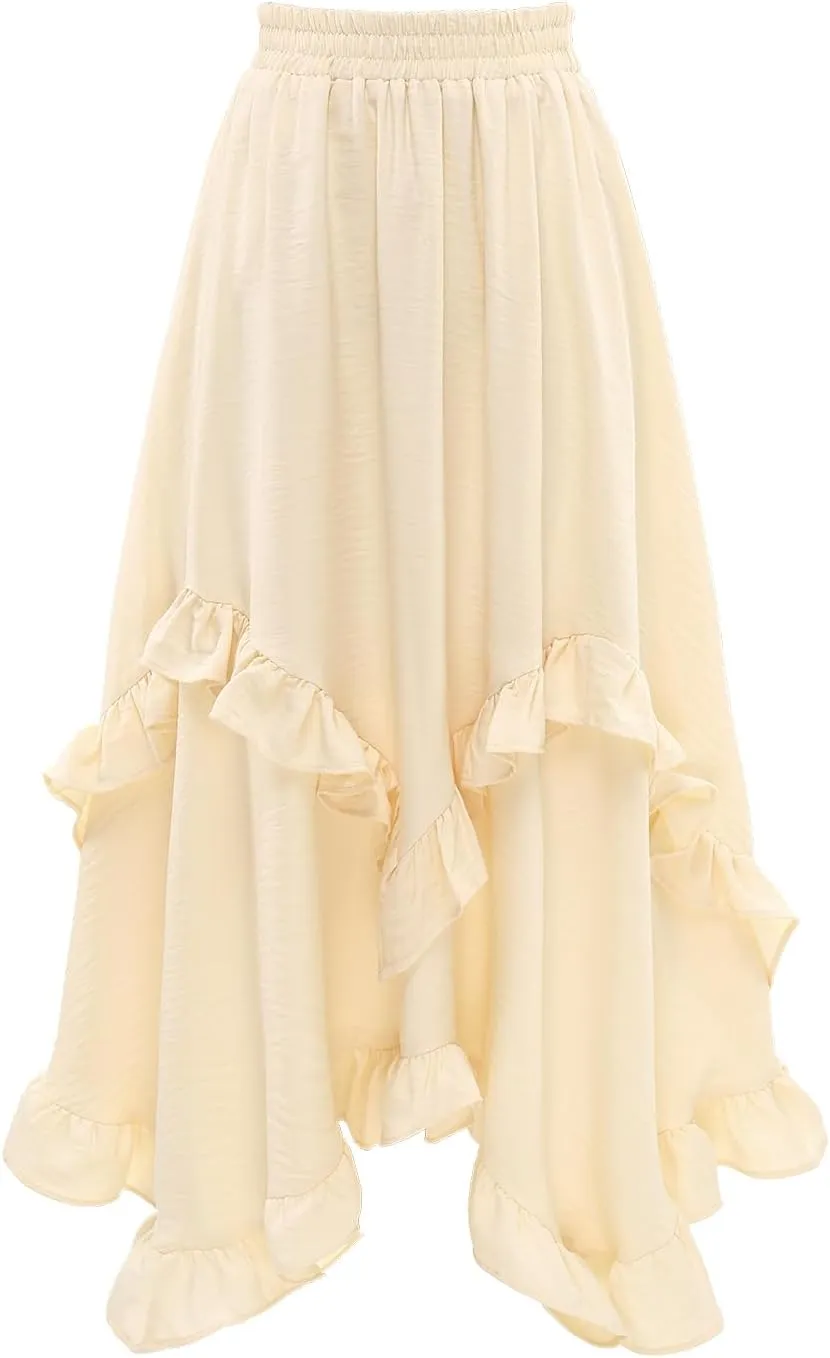 Bridesmay Renaissance Fairy Skirt 2025 Asymmetrical Ruffle Hem Elastic Waisted Long Maxi Skirts for Women