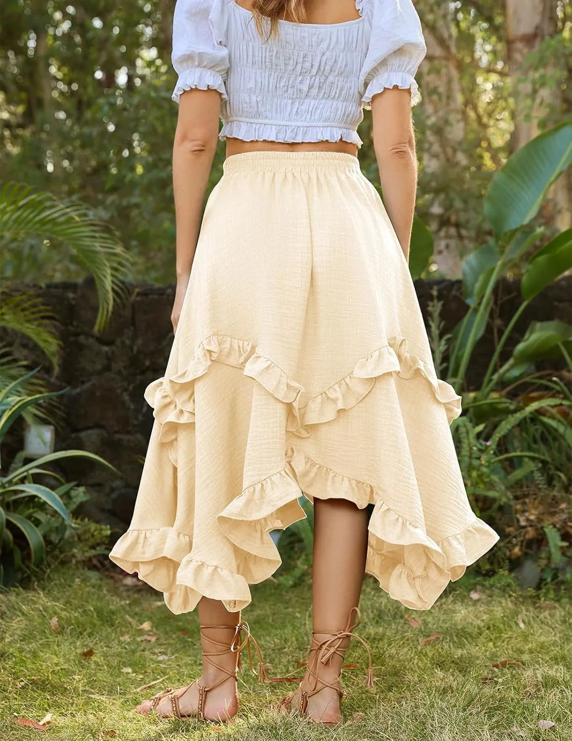 Bridesmay Renaissance Fairy Skirt 2025 Asymmetrical Ruffle Hem Elastic Waisted Long Maxi Skirts for Women