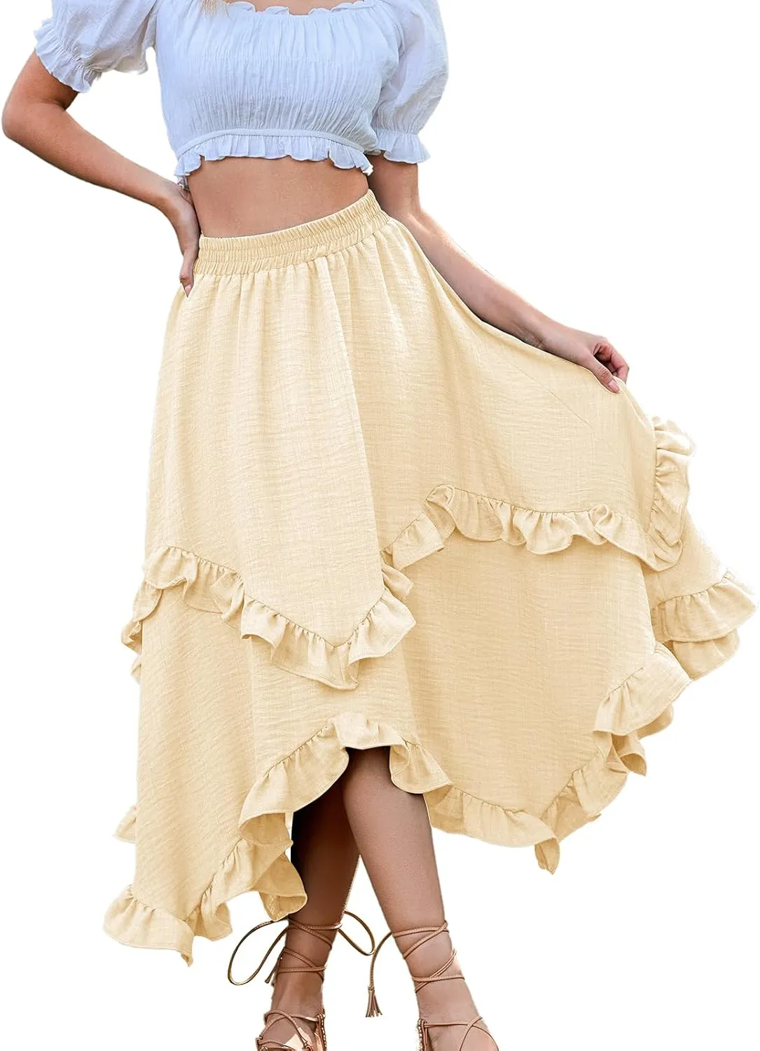 Bridesmay Renaissance Fairy Skirt 2025 Asymmetrical Ruffle Hem Elastic Waisted Long Maxi Skirts for Women