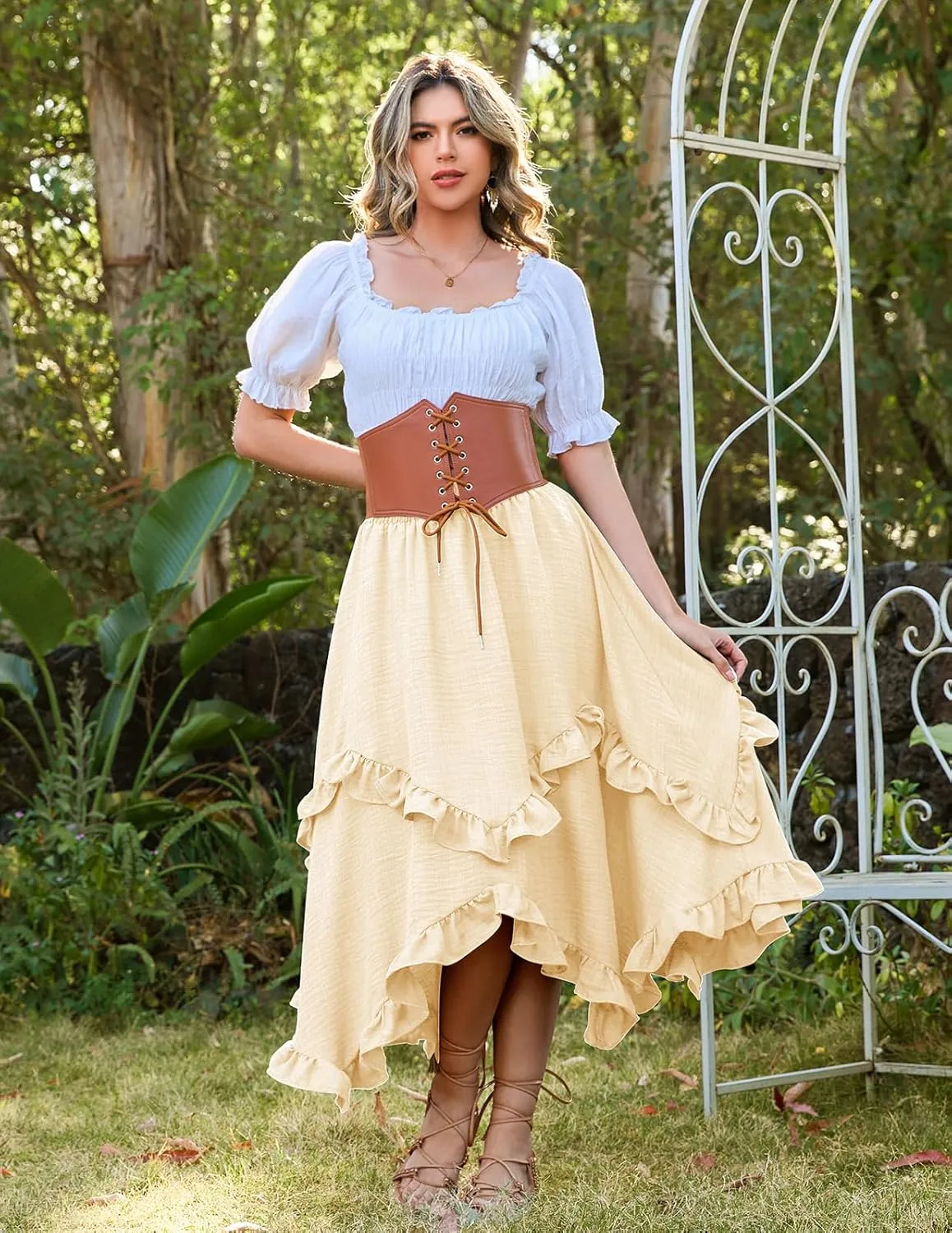 Bridesmay Renaissance Fairy Skirt 2025 Asymmetrical Ruffle Hem Elastic Waisted Long Maxi Skirts for Women