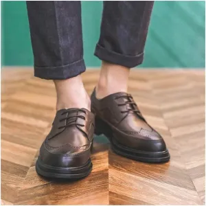 Brogue Oxford for Men Retro Dress Shoes Lace up Microfiber Leather Flat Pointed Toe Rubber Sole Platform Perforated Burnished Style Fashion (Color : Brown, Size : 9 M US)