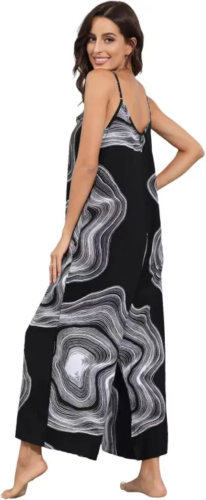 BUENOS NINOS Women's V Neck Floral Maxi Dress Boho Printed Adjustable Spaghetti Strap Ethnic Beach Long Dress with Pockets