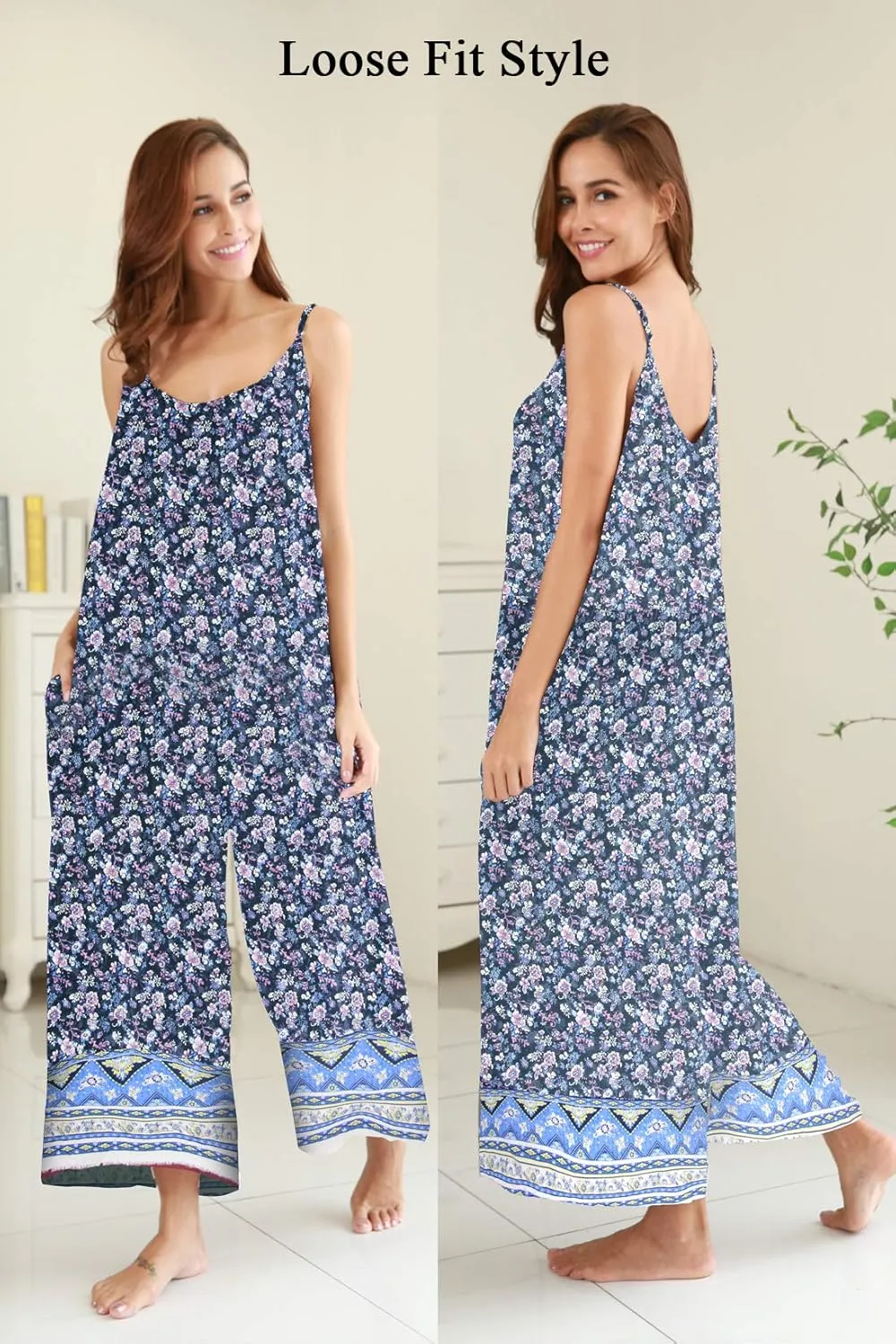 BUENOS NINOS Women's V Neck Floral Maxi Dress Boho Printed Adjustable Spaghetti Strap Ethnic Beach Long Dress with Pockets