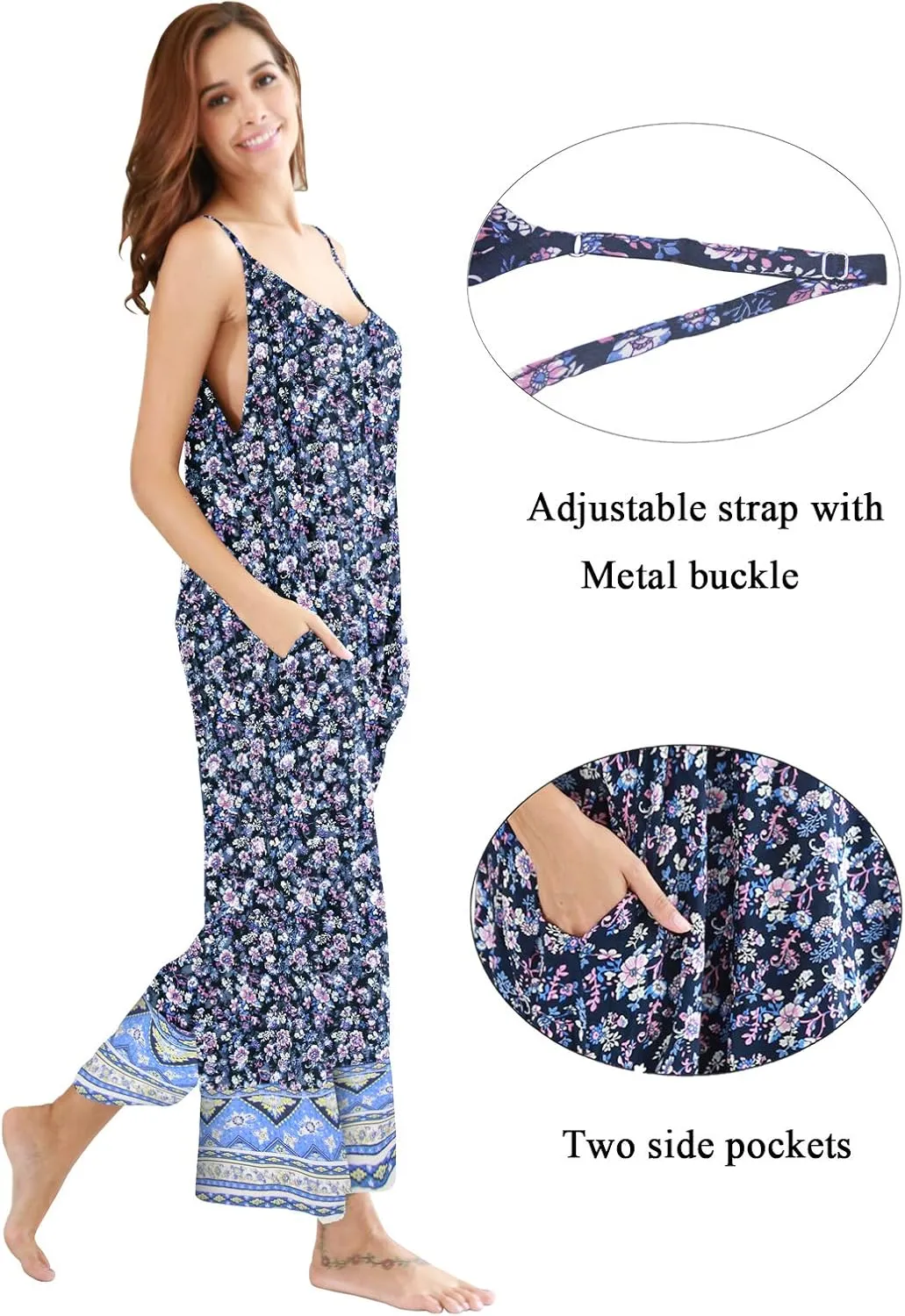 BUENOS NINOS Women's V Neck Floral Maxi Dress Boho Printed Adjustable Spaghetti Strap Ethnic Beach Long Dress with Pockets