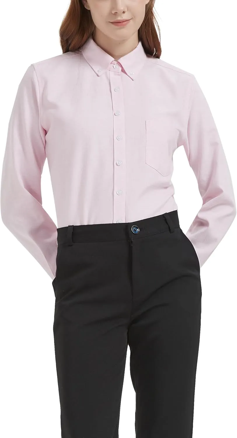 Button Up Shirt Women Long Sleeve Oxford Shirt Classic-Fit Cotton Work Blouse Wrinkle Resistant