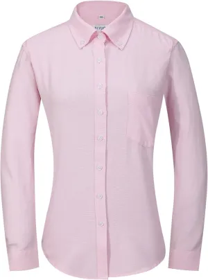 Button Up Shirt Women Long Sleeve Oxford Shirt Classic-Fit Cotton Work Blouse Wrinkle Resistant