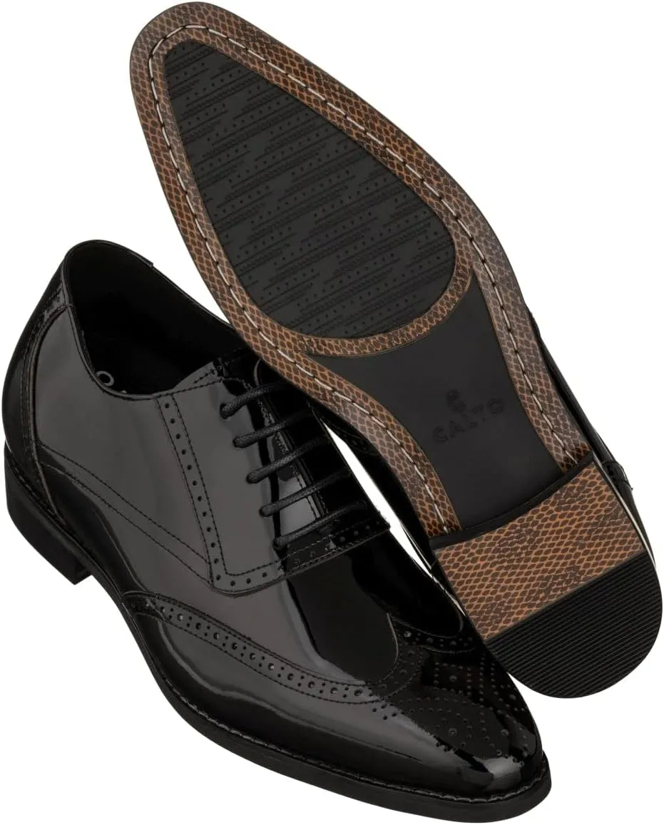 CALTO Men's Invisible Height Increasing Elevator Shoes - Black Patent Leather Lace-up Wing-tip Formal Oxfords - 3 Inches Taller - S1015 - Size 10 D(M) US
