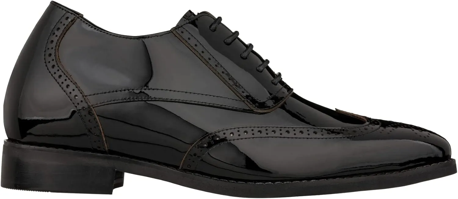CALTO Men's Invisible Height Increasing Elevator Shoes - Black Patent Leather Lace-up Wing-tip Formal Oxfords - 3 Inches Taller - S1015 - Size 10 D(M) US