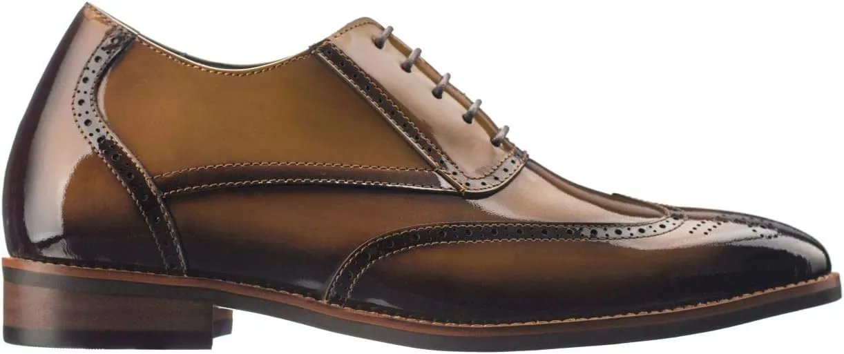 CALTO Men's Invisible Height Increasing Elevator Shoes - Dark Brown Patent Leather Lace-up Wing-tip Formal Oxfords - 3 Inches Taller - S1017 - Size 9 D(M) US