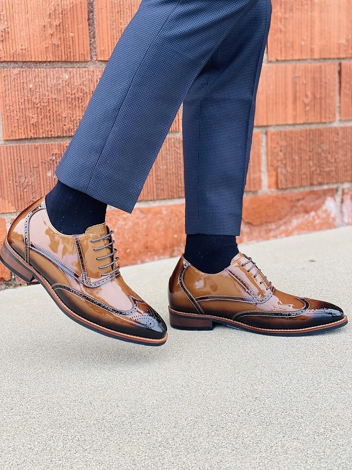 CALTO Men's Invisible Height Increasing Elevator Shoes - Dark Brown Patent Leather Lace-up Wing-tip Formal Oxfords - 3 Inches Taller - S1017 - Size 9 D(M) US