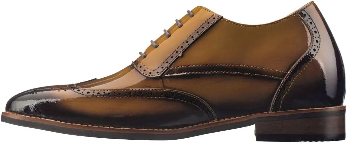 CALTO Men's Invisible Height Increasing Elevator Shoes - Dark Brown Patent Leather Lace-up Wing-tip Formal Oxfords - 3 Inches Taller - S1017 - Size 9 D(M) US