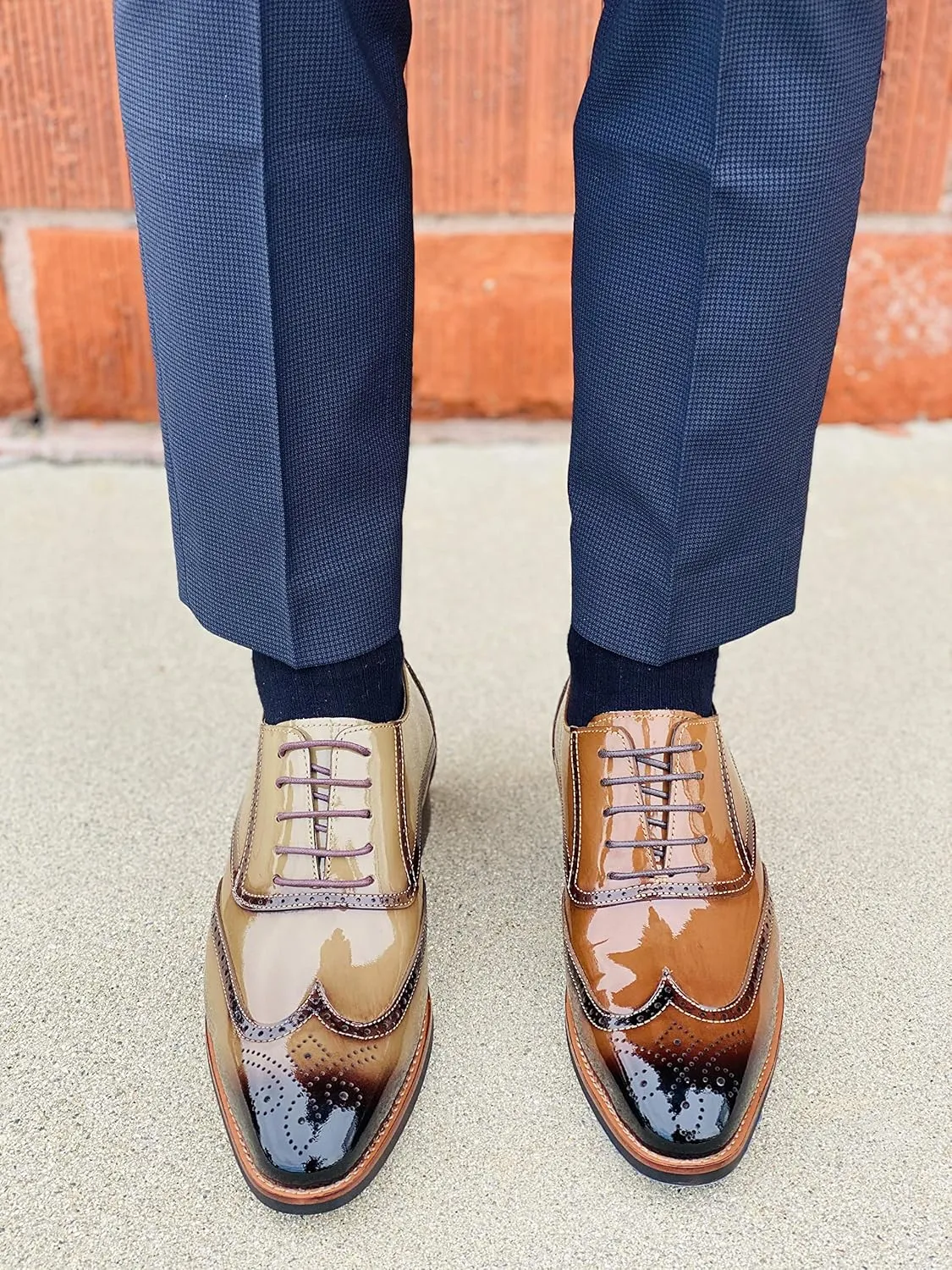 CALTO Men's Invisible Height Increasing Elevator Shoes - Dark Brown Patent Leather Lace-up Wing-tip Formal Oxfords - 3 Inches Taller - S1017 - Size 9 D(M) US
