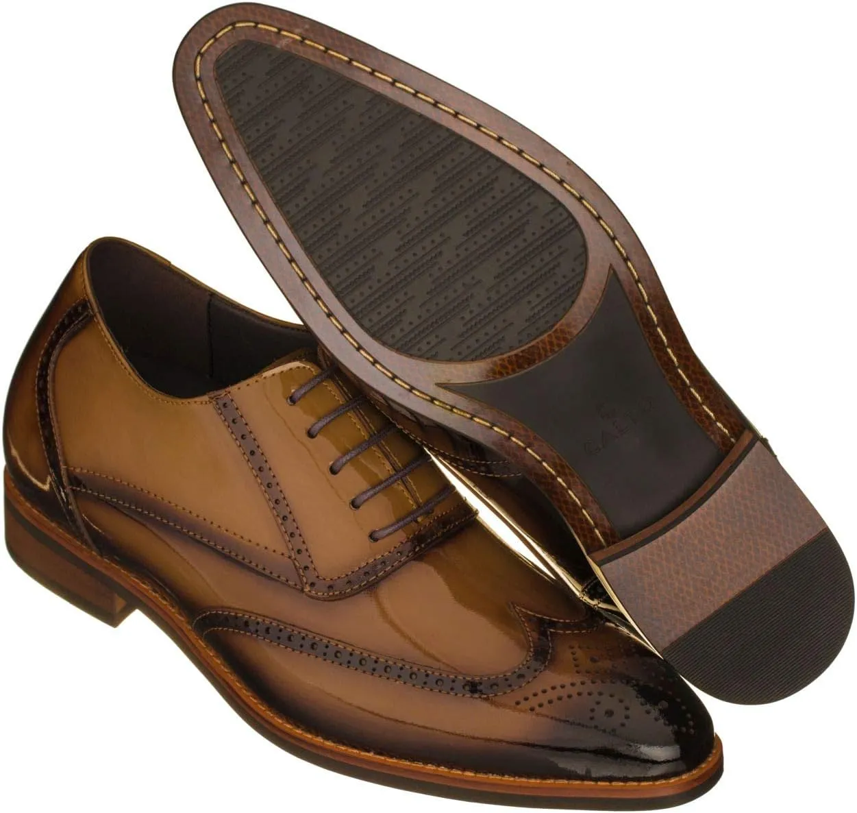 CALTO Men's Invisible Height Increasing Elevator Shoes - Dark Brown Patent Leather Lace-up Wing-tip Formal Oxfords - 3 Inches Taller - S1017 - Size 9 D(M) US