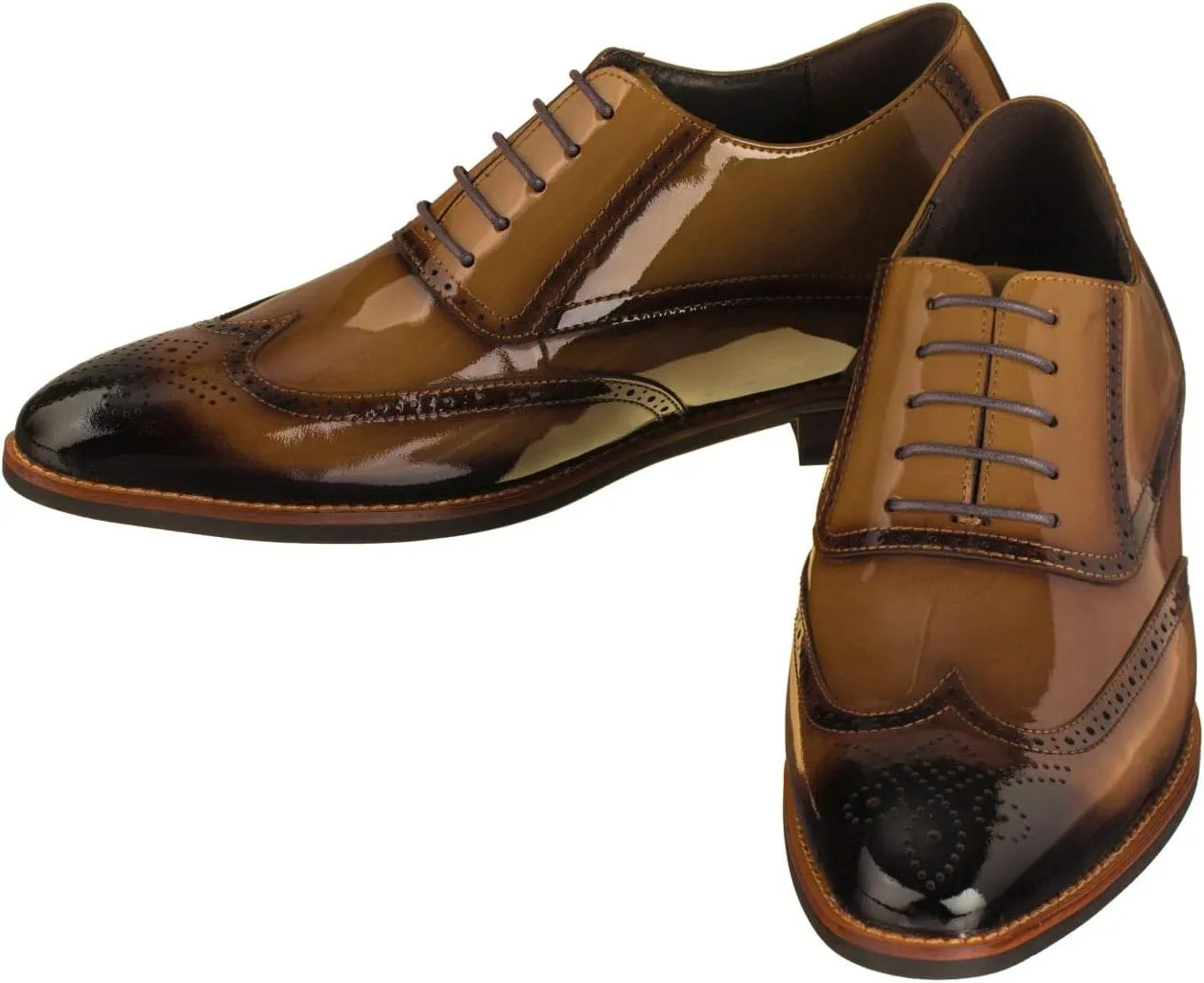 CALTO Men's Invisible Height Increasing Elevator Shoes - Dark Brown Patent Leather Lace-up Wing-tip Formal Oxfords - 3 Inches Taller - S1017 - Size 9 D(M) US