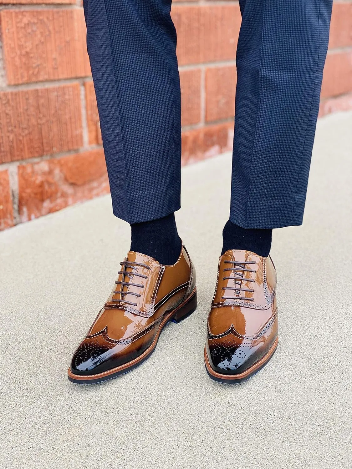 CALTO Men's Invisible Height Increasing Elevator Shoes - Dark Brown Patent Leather Lace-up Wing-tip Formal Oxfords - 3 Inches Taller - S1017 - Size 9 D(M) US
