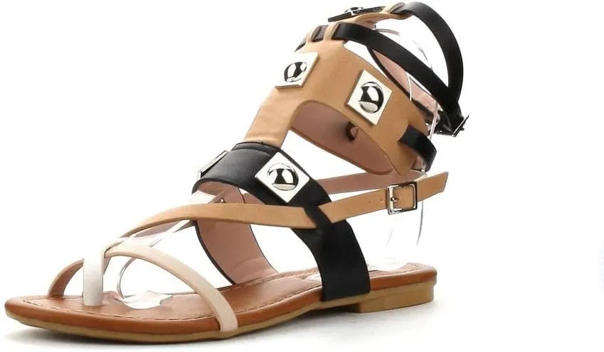 Cape Robbin Emily-63 Black Strappy Cuff Colorblock Hardware Gladiator Sandals