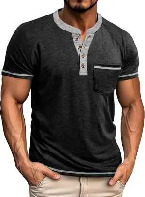 Casual Henley Shirts for Men Classic Button Up Cotton Short Sleeve T-Shirt Summer Basic Solid Lightweight Tees Tops