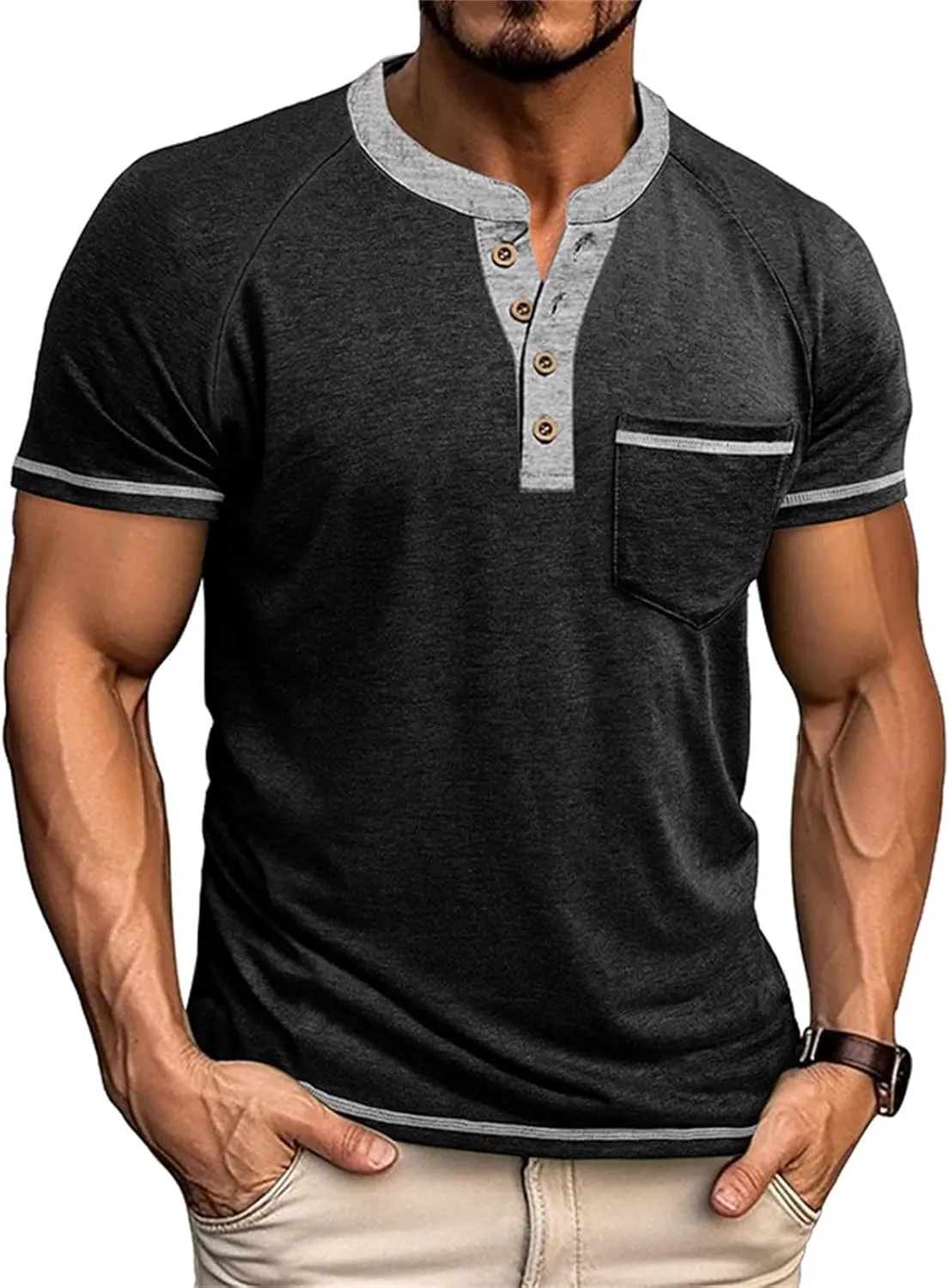 Casual Henley Shirts for Men Classic Button Up Cotton Short Sleeve T-Shirt Summer Basic Solid Lightweight Tees Tops
