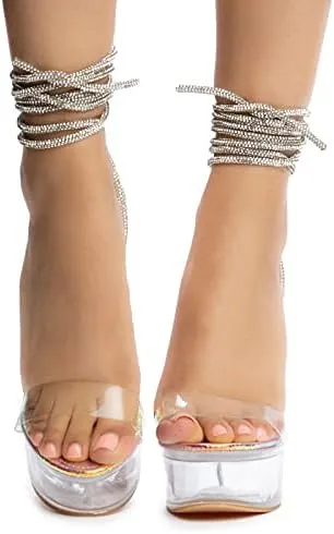 Chase & Chloe Women Clear Platform Stiletto Heels Lace Up Strappy Sandals