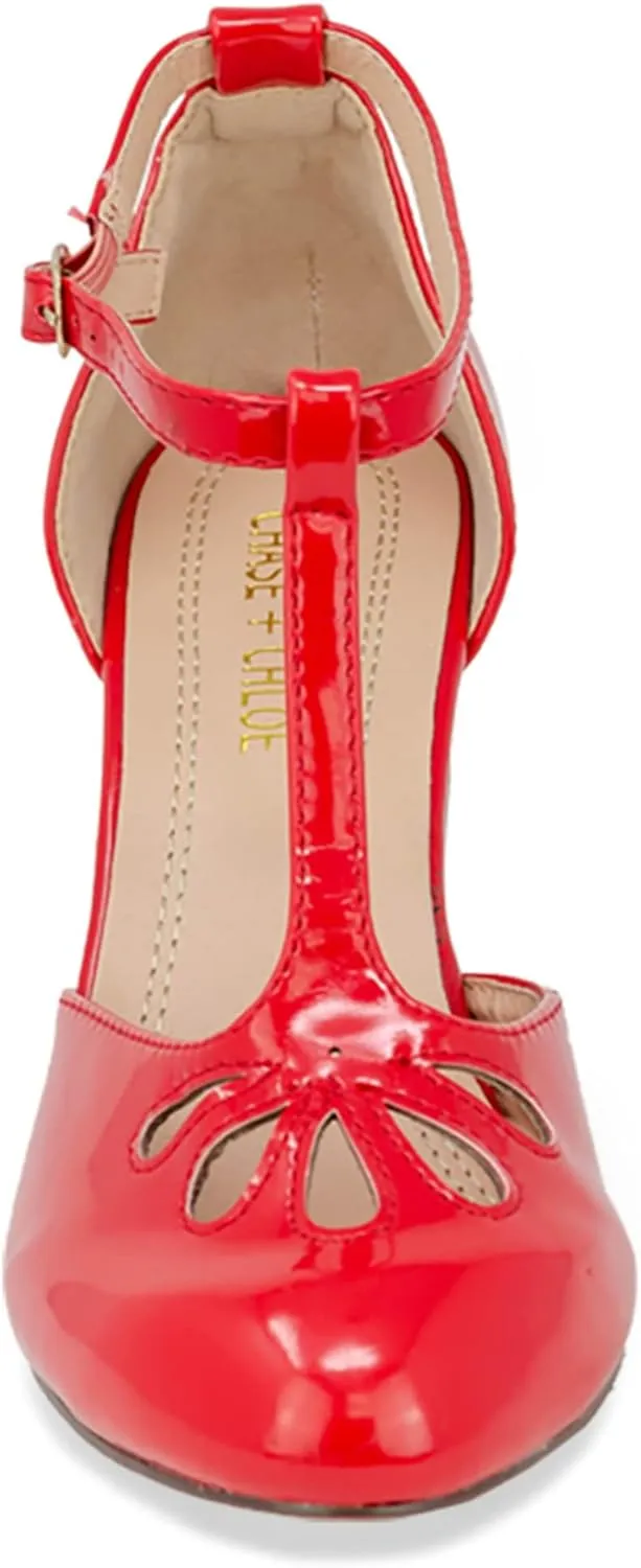 Chase & Chloe Women Mary Jane Oxford Pumps - Cute Low Kitten Heels - Retro Round Toe Shoe with Ankle Strap