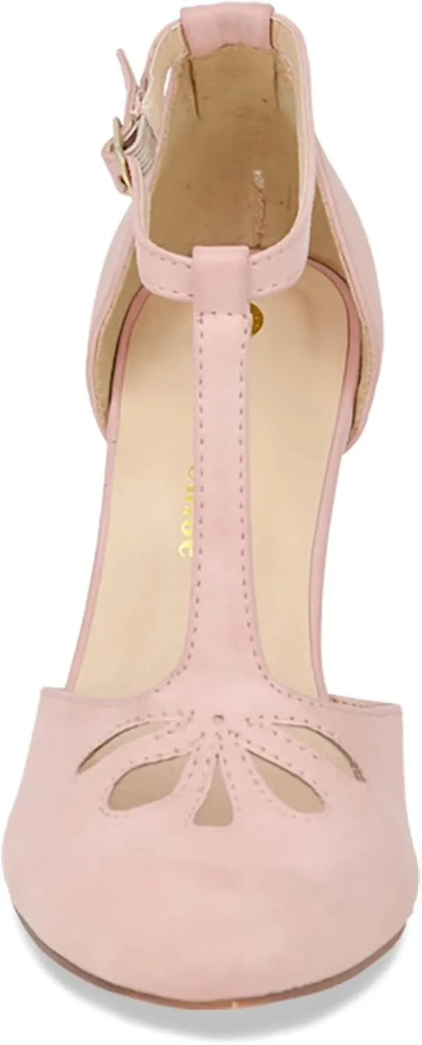 Chase & Chloe Women Mary Jane Oxford Pumps - Cute Low Kitten Heels - Retro Round Toe Shoe with Ankle Strap