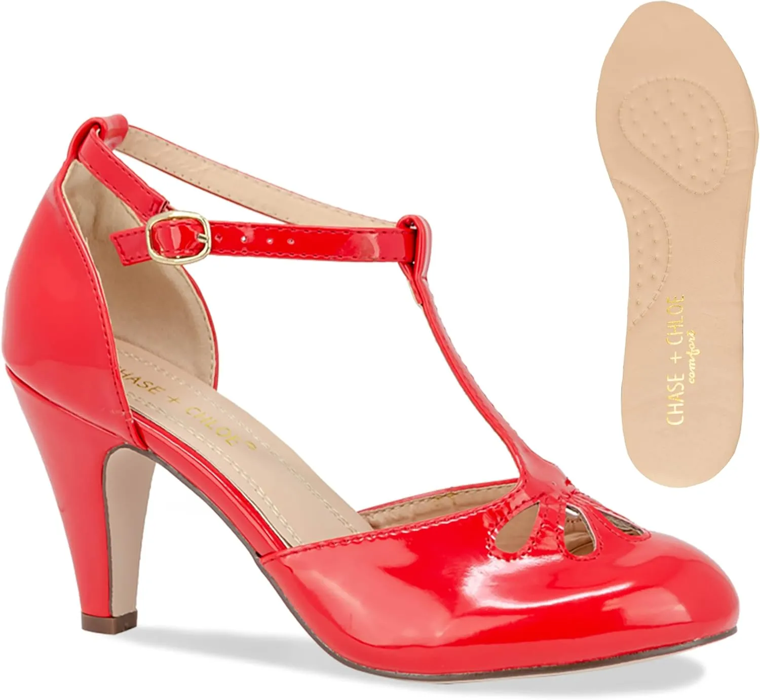 Chase & Chloe Women Mary Jane Oxford Pumps - Cute Low Kitten Heels - Retro Round Toe Shoe with Ankle Strap