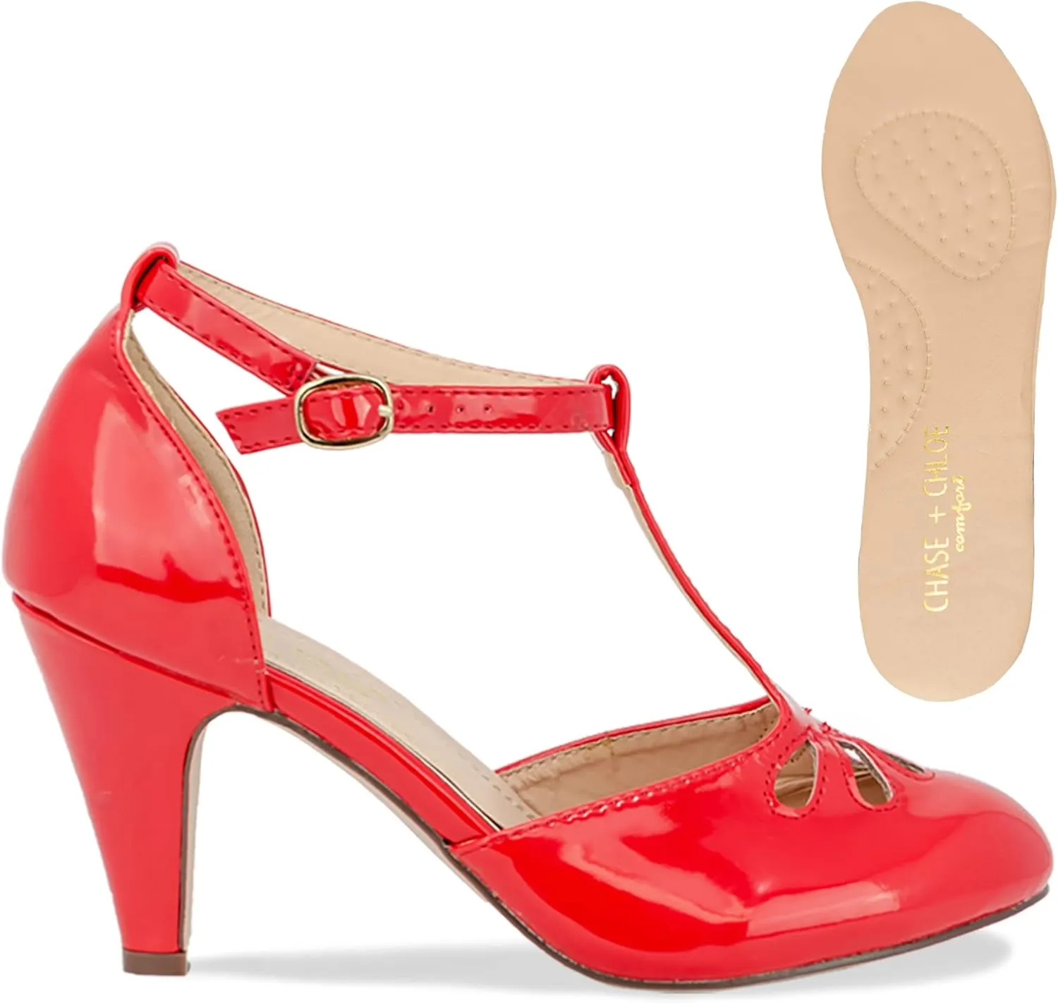 Chase & Chloe Women Mary Jane Oxford Pumps - Cute Low Kitten Heels - Retro Round Toe Shoe with Ankle Strap
