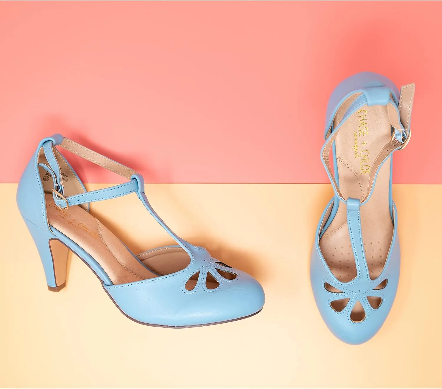 Chase & Chloe Women Mary Jane Oxford Pumps - Cute Low Kitten Heels - Retro Round Toe Shoe with Ankle Strap