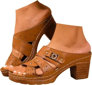 Chunky Heel Sandals for Women 2025, Womens Summer Sandal Solid Color Block Heels Sandals Slip on Open Toe Comfortable Heeled Wedges Mules for Long Walk Casual Shoes Dressy