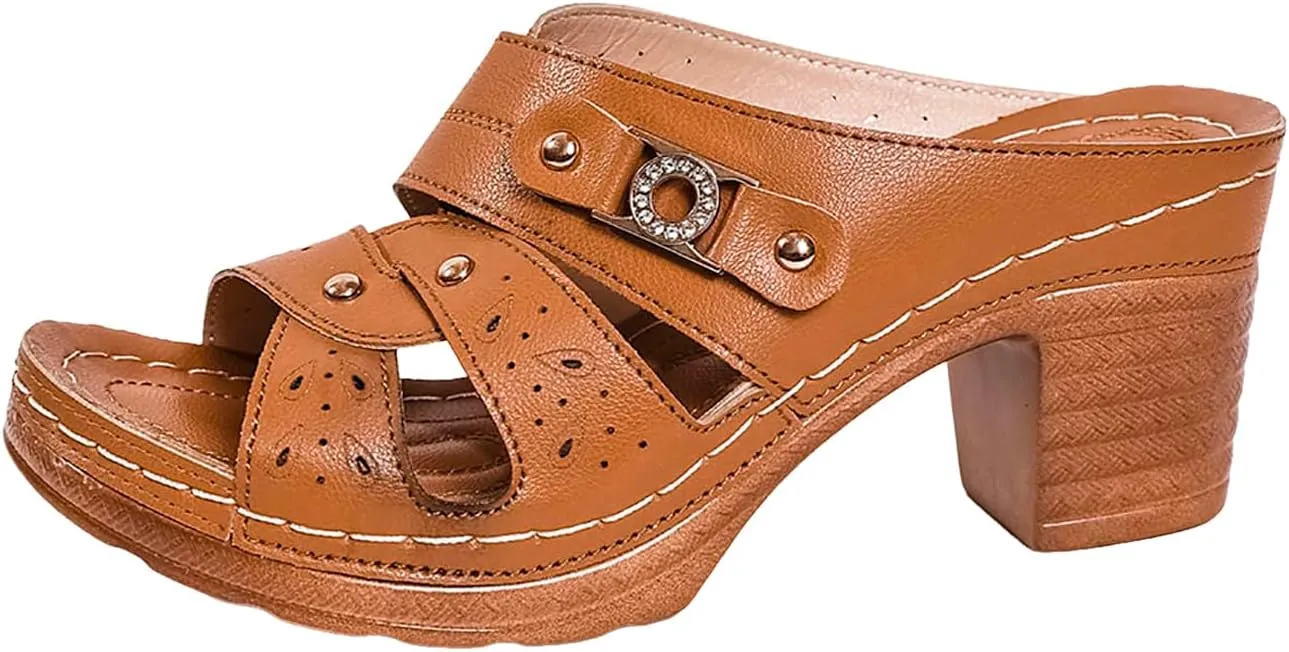 Chunky Heel Sandals for Women 2025, Womens Summer Sandal Solid Color Block Heels Sandals Slip on Open Toe Comfortable Heeled Wedges Mules for Long Walk Casual Shoes Dressy