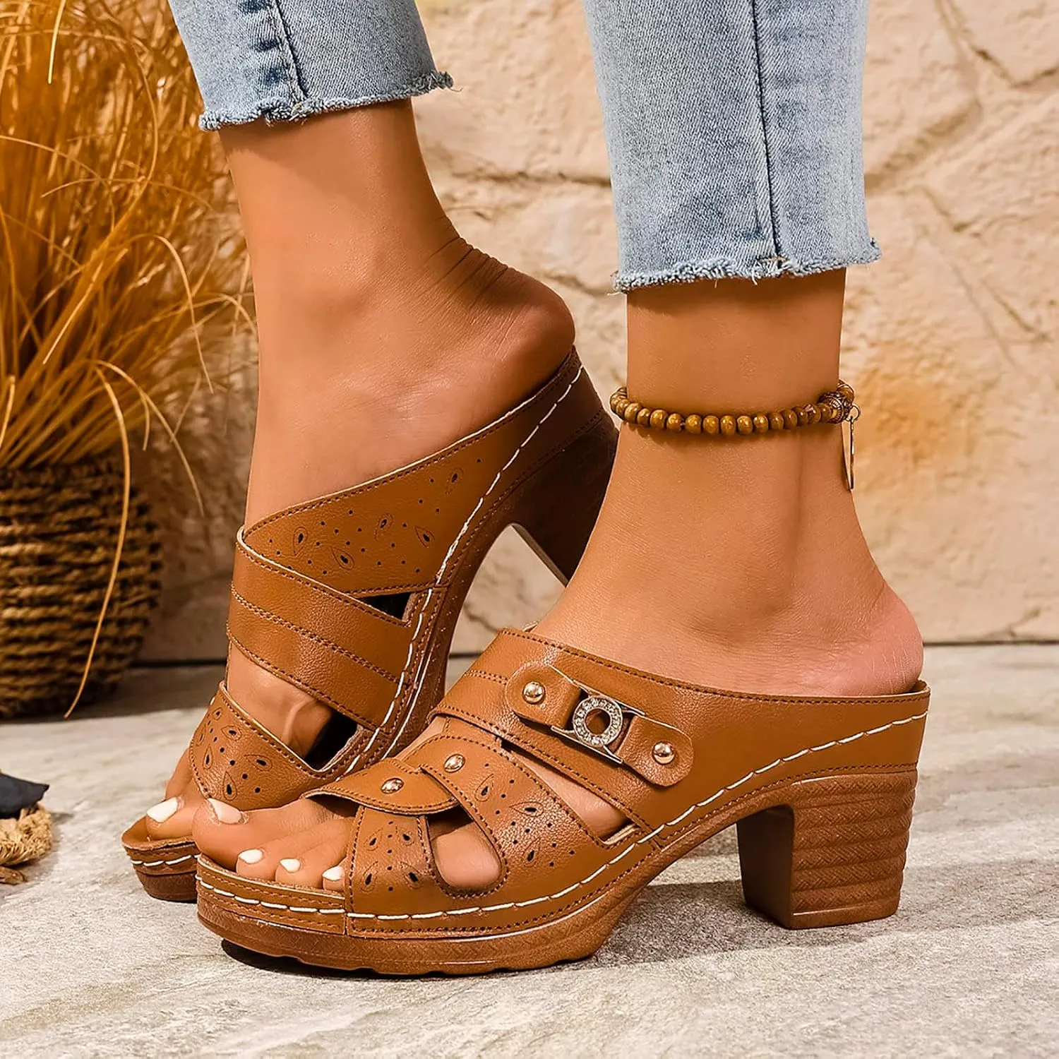 Chunky Heel Sandals for Women 2025, Womens Summer Sandal Solid Color Block Heels Sandals Slip on Open Toe Comfortable Heeled Wedges Mules for Long Walk Casual Shoes Dressy