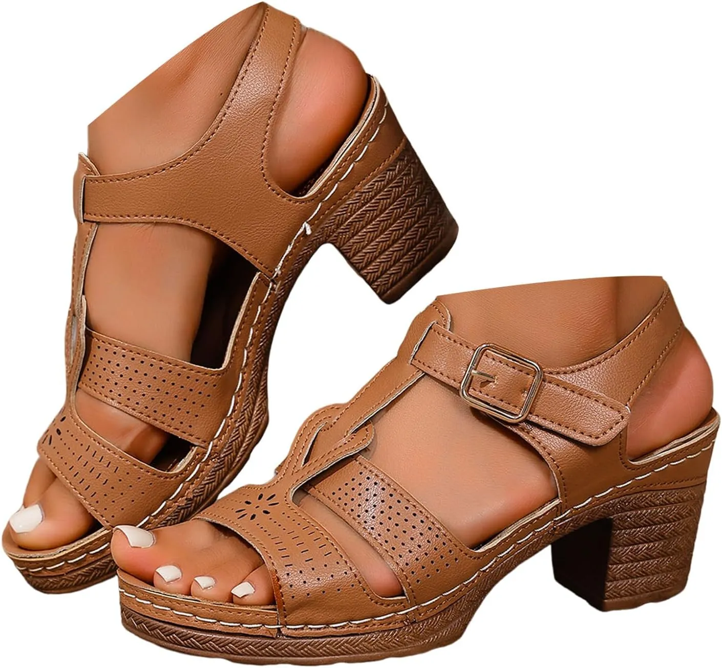 Chunky Heel Sandals for Women 2025,Womens Summer Sandal High Block Heels Sandals Casual Ankle Strap Hollow Out Platform Wedge Sandal Shoes for Beach Vacation Party