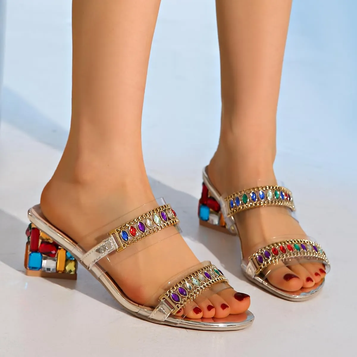 Clear Crystal Rhinestones Strap Slip On Square Open Toe Block Heel Sandals Two Strap Backless Mules