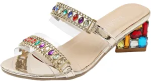 Clear Crystal Rhinestones Strap Slip On Square Open Toe Block Heel Sandals Two Strap Backless Mules