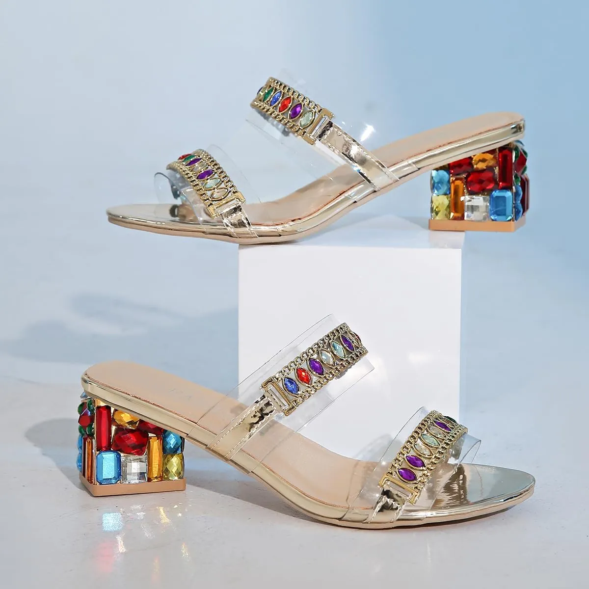 Clear Crystal Rhinestones Strap Slip On Square Open Toe Block Heel Sandals Two Strap Backless Mules