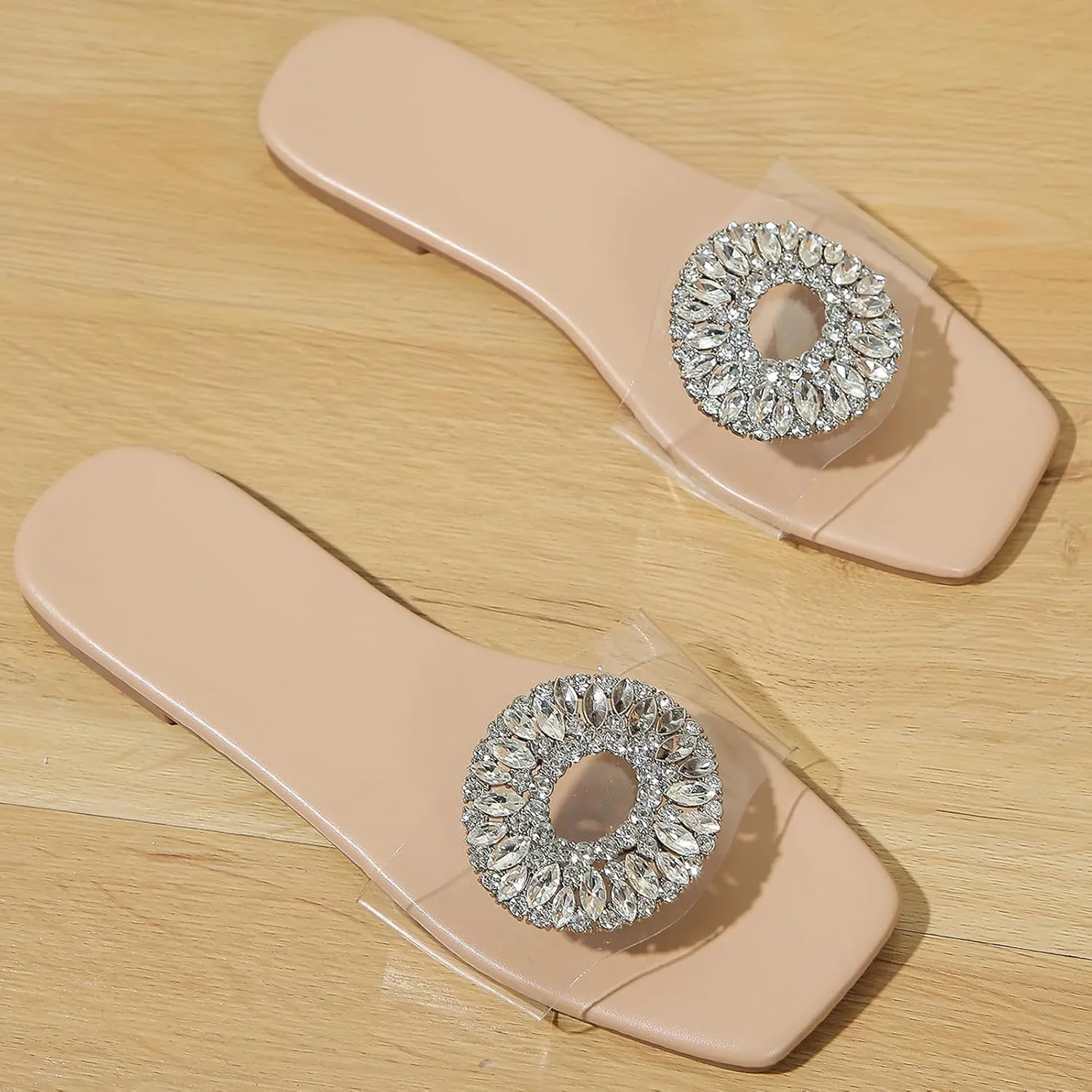 Clear Rhinestones Decor Flat Slide Sandals for Women Summer Fashion Square Open Toe Transparent Dressy Slippers Non-Slip Slip On Beach Walking Slippers