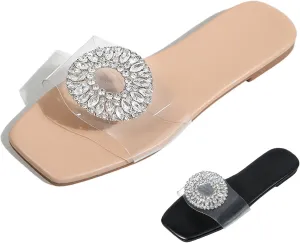 Clear Rhinestones Decor Flat Slide Sandals for Women Summer Fashion Square Open Toe Transparent Dressy Slippers Non-Slip Slip On Beach Walking Slippers