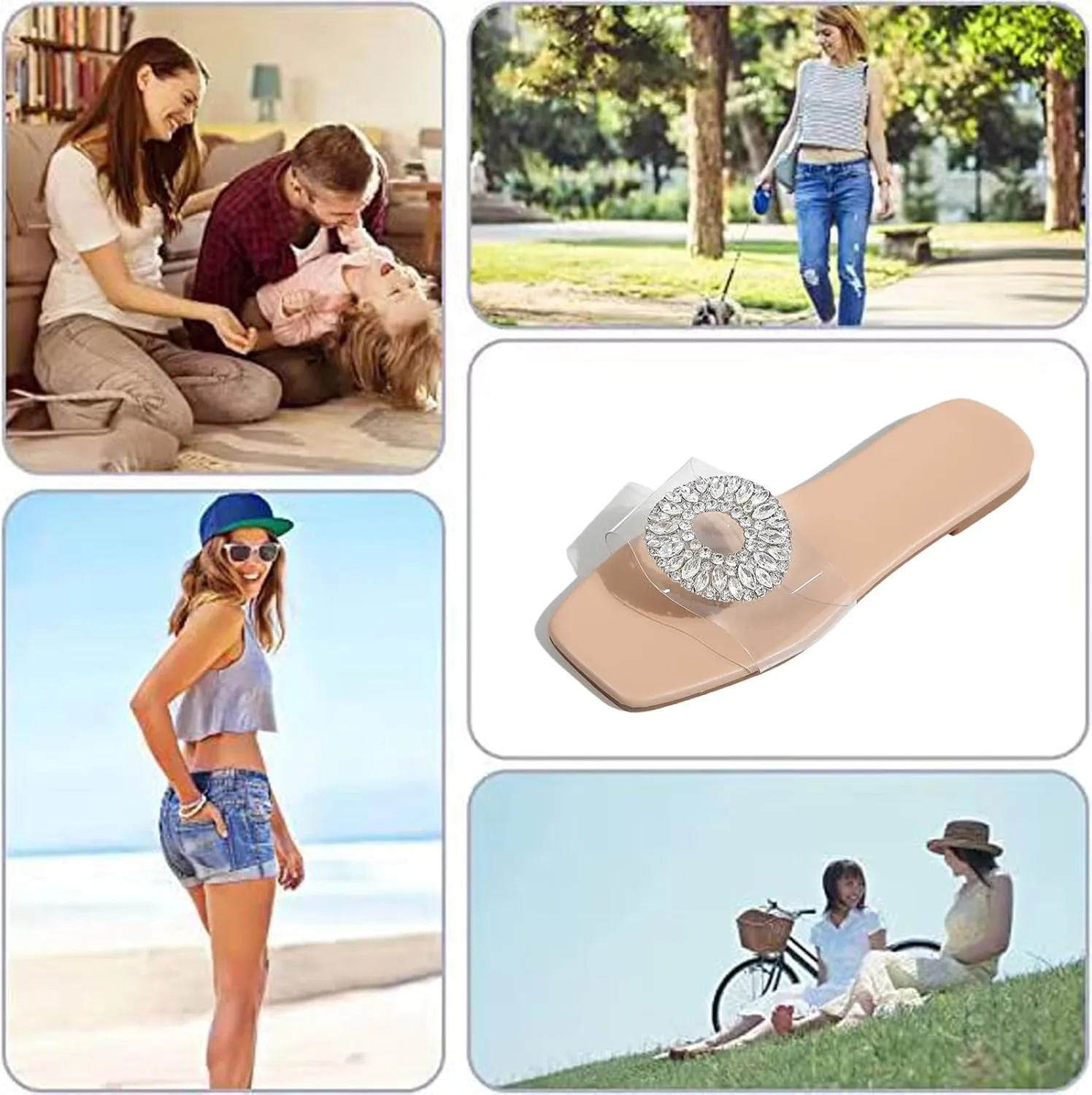 Clear Rhinestones Decor Flat Slide Sandals for Women Summer Fashion Square Open Toe Transparent Dressy Slippers Non-Slip Slip On Beach Walking Slippers