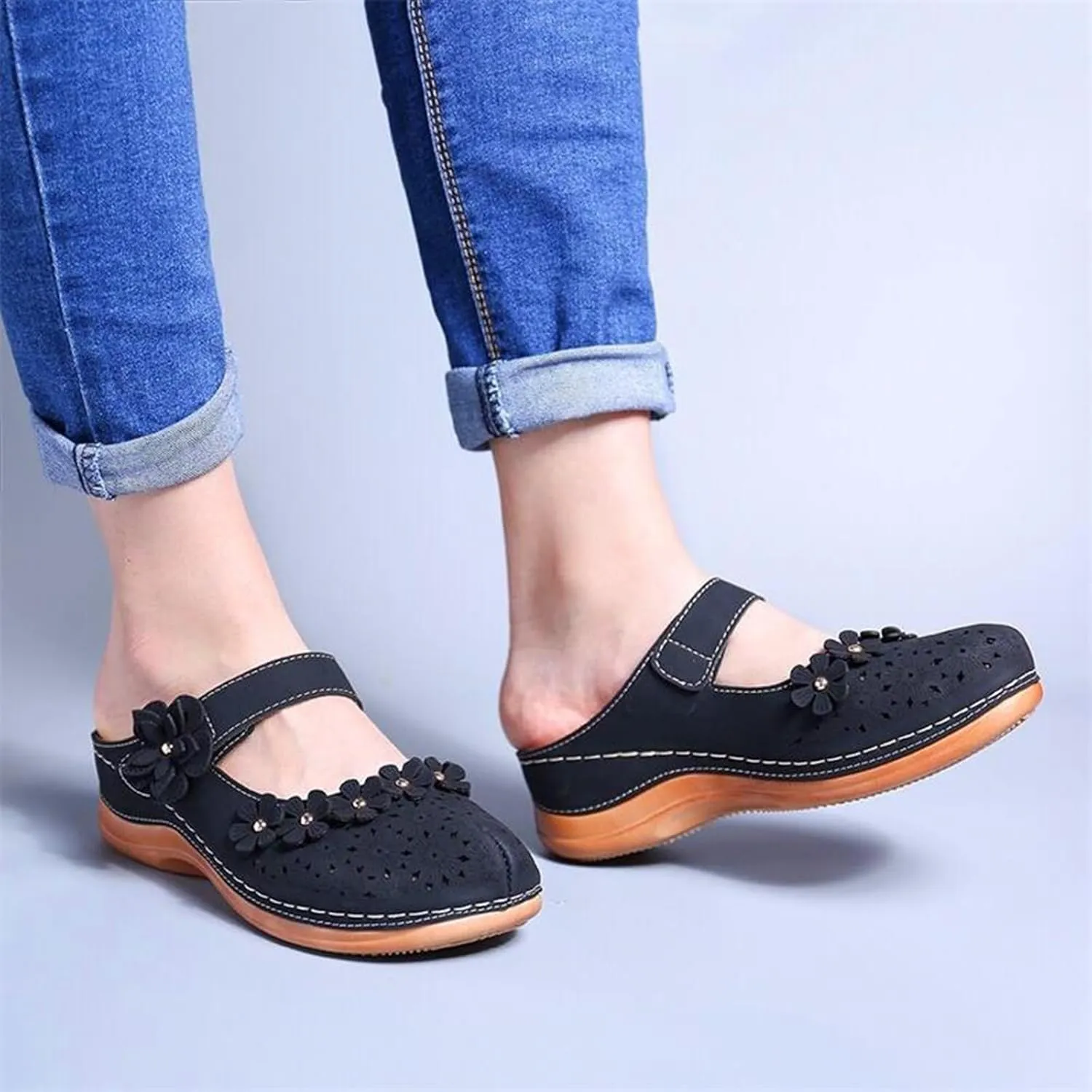 Clogs for Women Mules Shoes Comfortable Dressy Summer Closed Toe Wedge Sandals Fashion Hook and Loop Fastener Slipper Backless Low Wedge Slip On Shoes