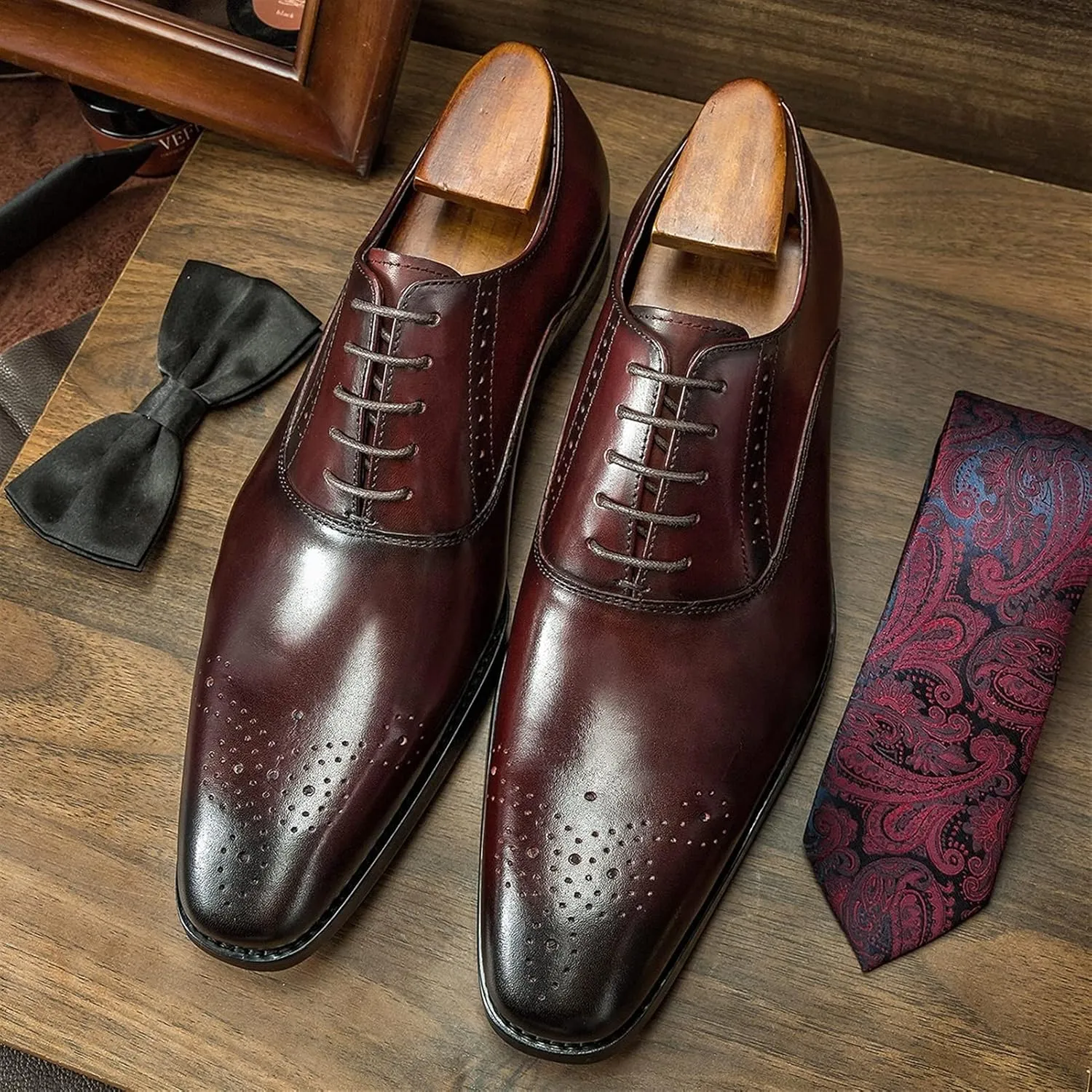 Comodish Dress Shoes for Men Lace Up Square Toe Brogue Embossed Cowhide Low Top Block Heel Non Slip Resistant Anti-Slip Prom Formal Oxford