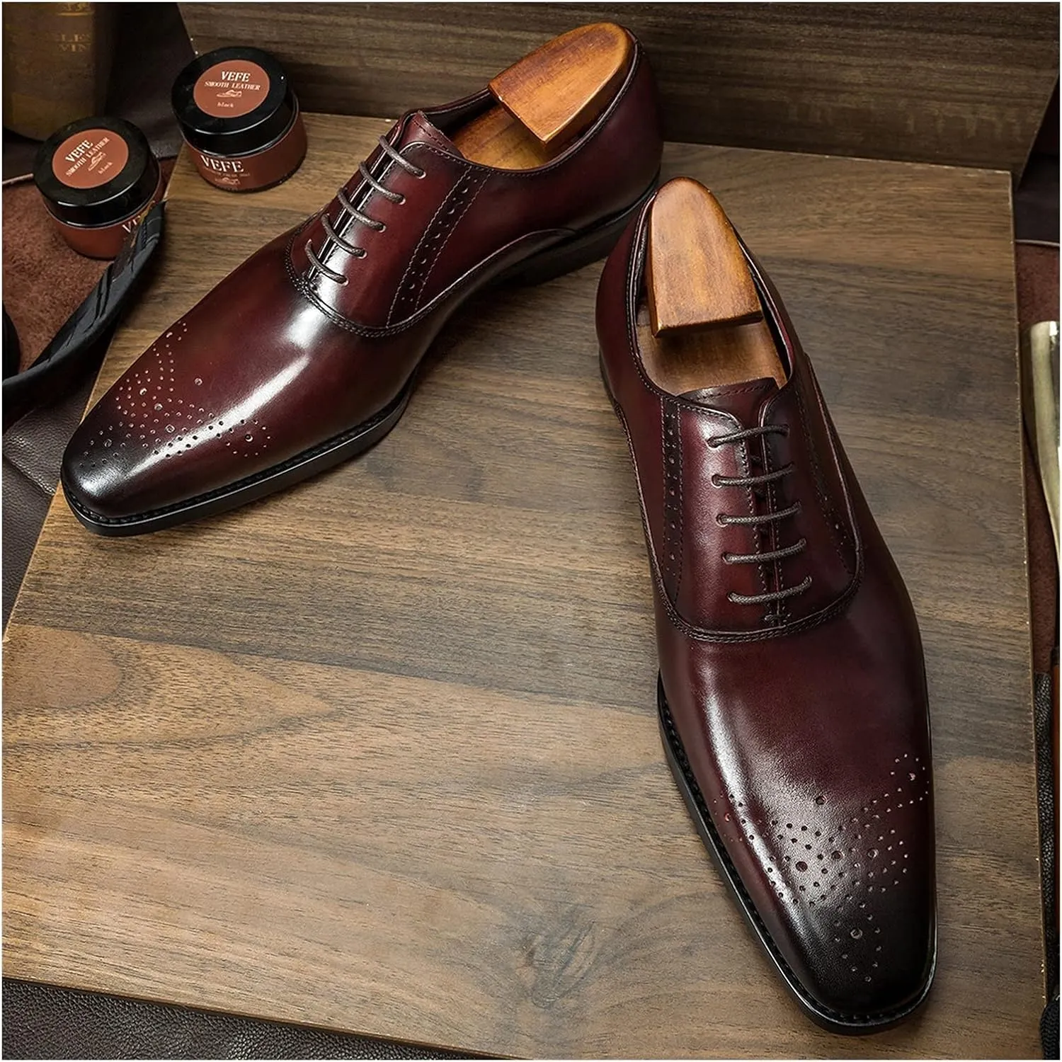 Comodish Dress Shoes for Men Lace Up Square Toe Brogue Embossed Cowhide Low Top Block Heel Non Slip Resistant Anti-Slip Prom Formal Oxford