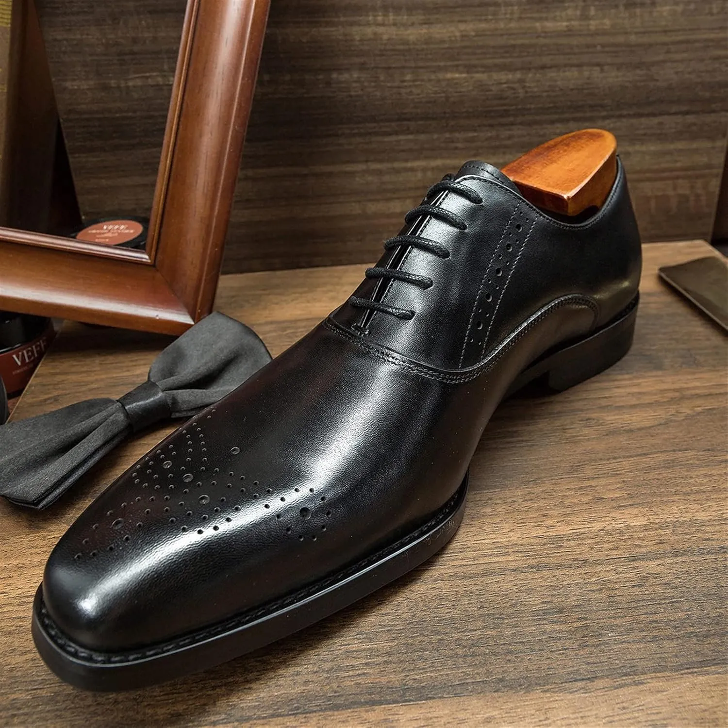 Comodish Dress Shoes for Men Lace Up Square Toe Brogue Embossed Cowhide Low Top Block Heel Non Slip Resistant Anti-Slip Prom Formal Oxford