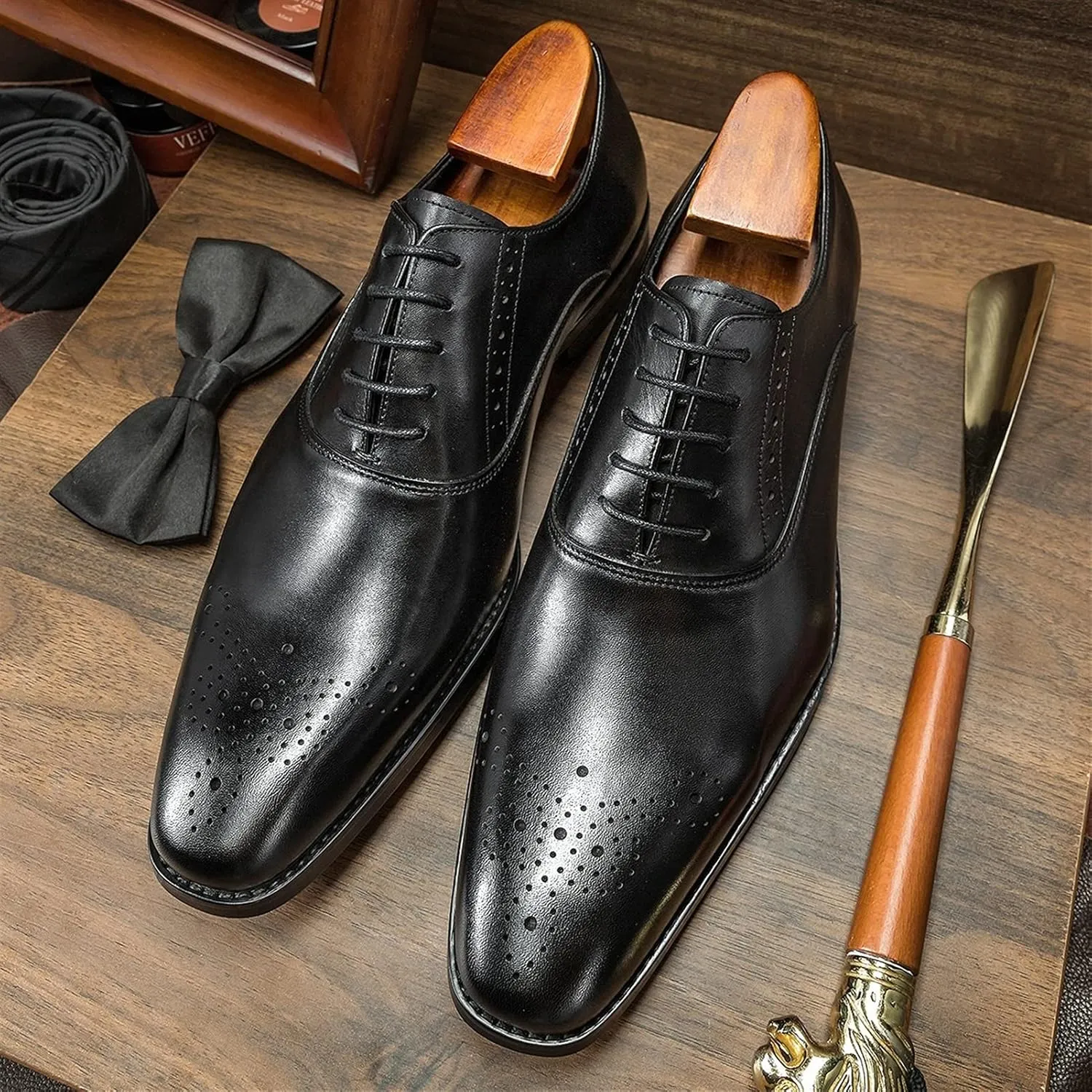 Comodish Dress Shoes for Men Lace Up Square Toe Brogue Embossed Cowhide Low Top Block Heel Non Slip Resistant Anti-Slip Prom Formal Oxford
