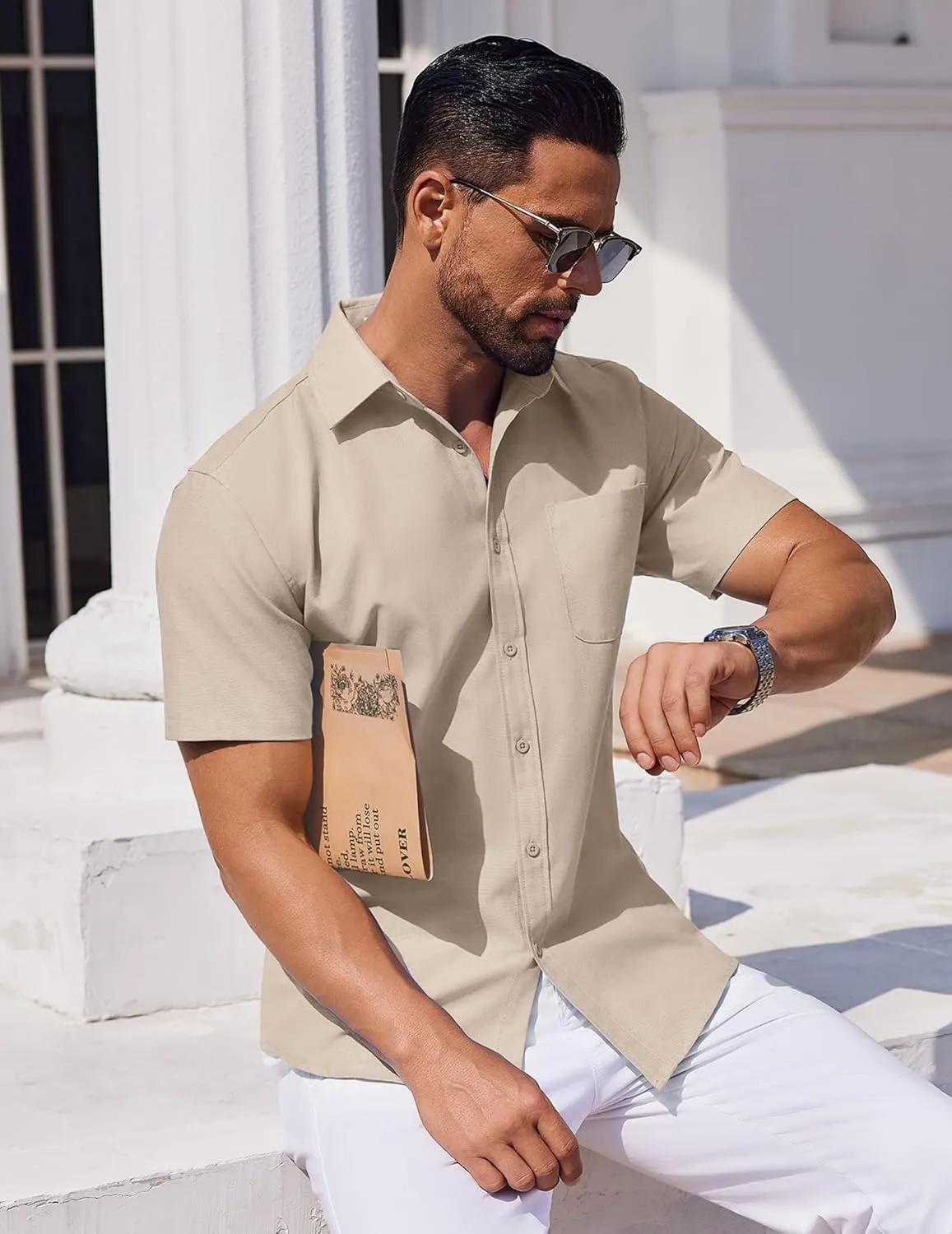 COOFANDY Mens Button Down Short Sleeve Shirt Casual Dress Shirt Untucked Summer Shirts with Pocket