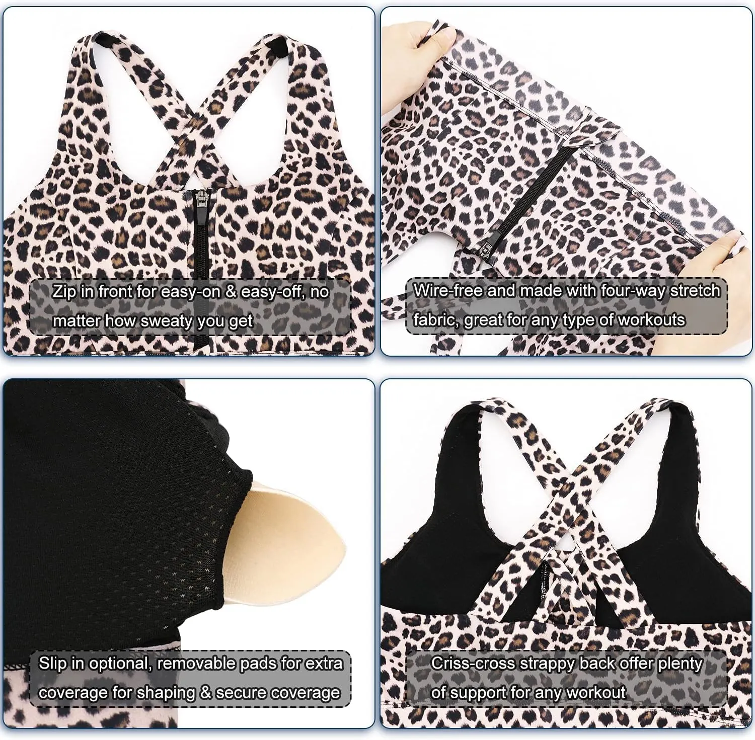 Cordaw Zipper in Front Sports Bra High Impact Strappy Back Support Workout Top